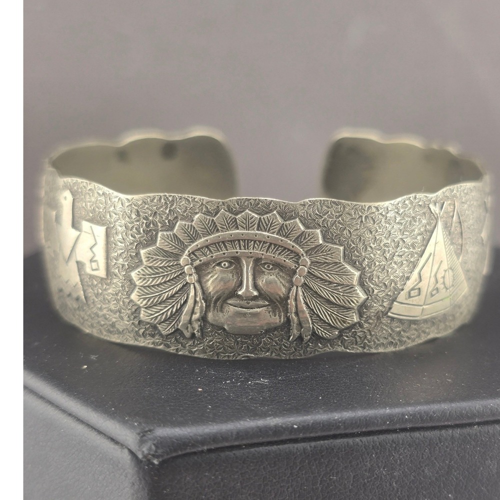 Vintage Estate Cuff Bracelet Silver Tone Story Teller Thunderbird Teepee 6.25in